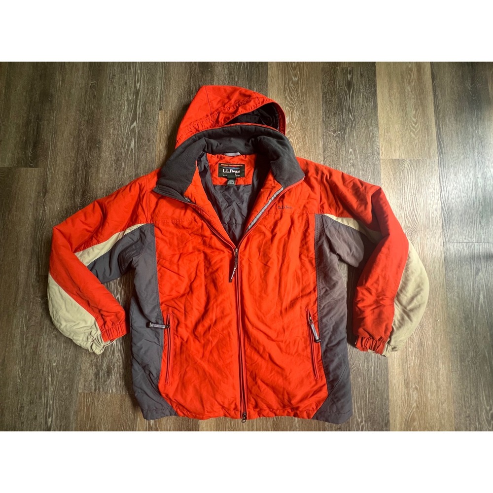 LL Bean Hooded Winter Jacket Mens Large Orange Colorblock Insulated Parka